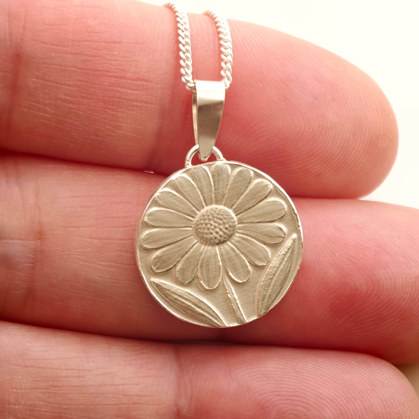 Daisy Engraved Sterling Silver Coin Necklace