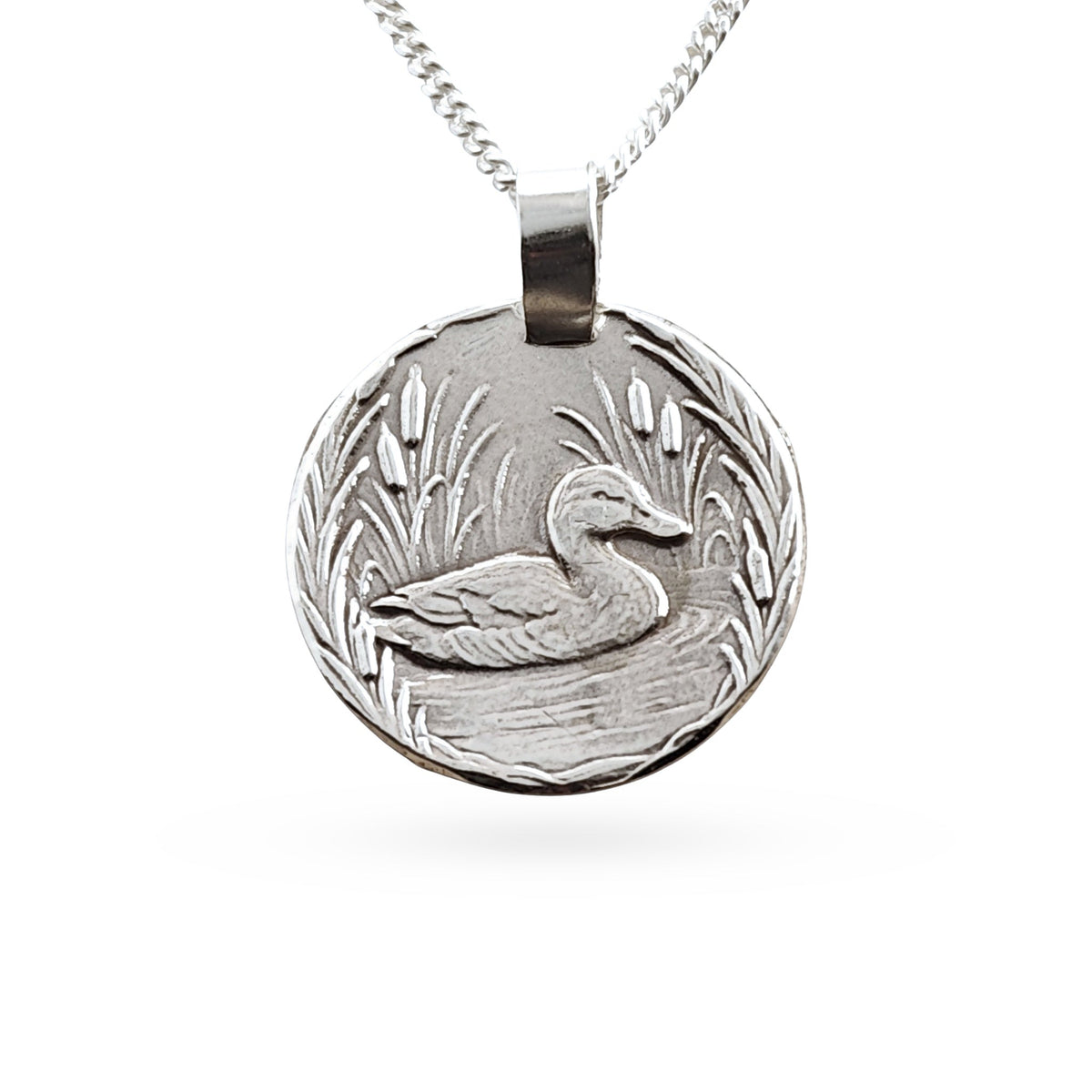 Sterling silver engraved duck coin pendant necklace, handcrafted in the UK from recycled sterling silver