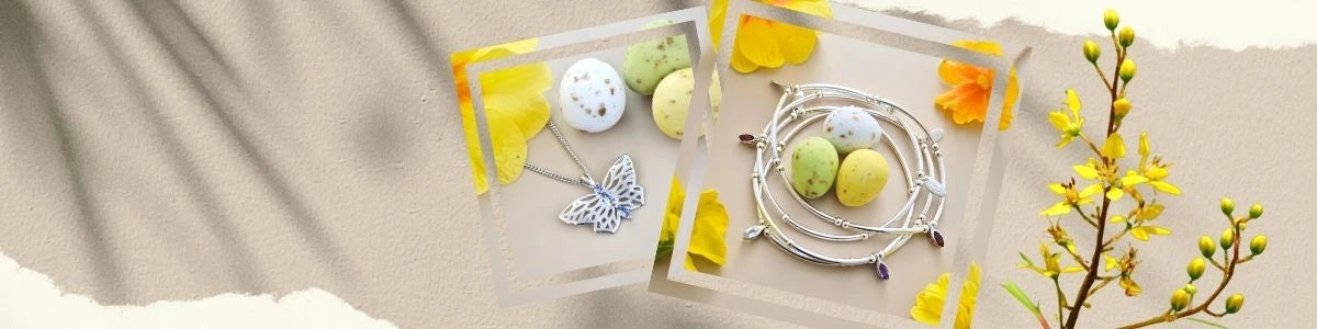 Easter gifting banner with tanzanite butterfly pendant and stretch bracelets around mini easter eggs
