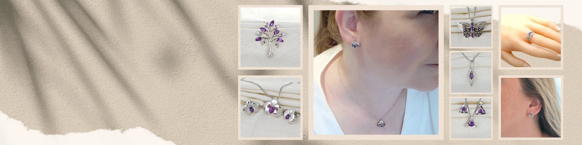 Amethyst jewellery – necklaces, rings, earrings – designed in the UK