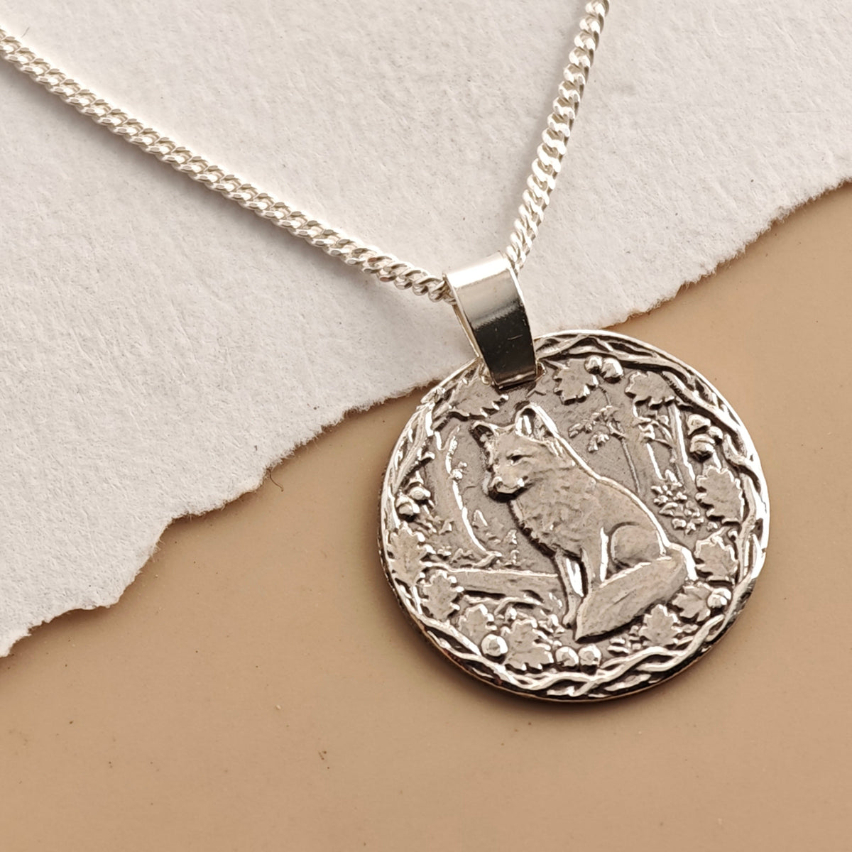 Fox Coin Necklace – Deep Engraved Recycled Sterling Silver