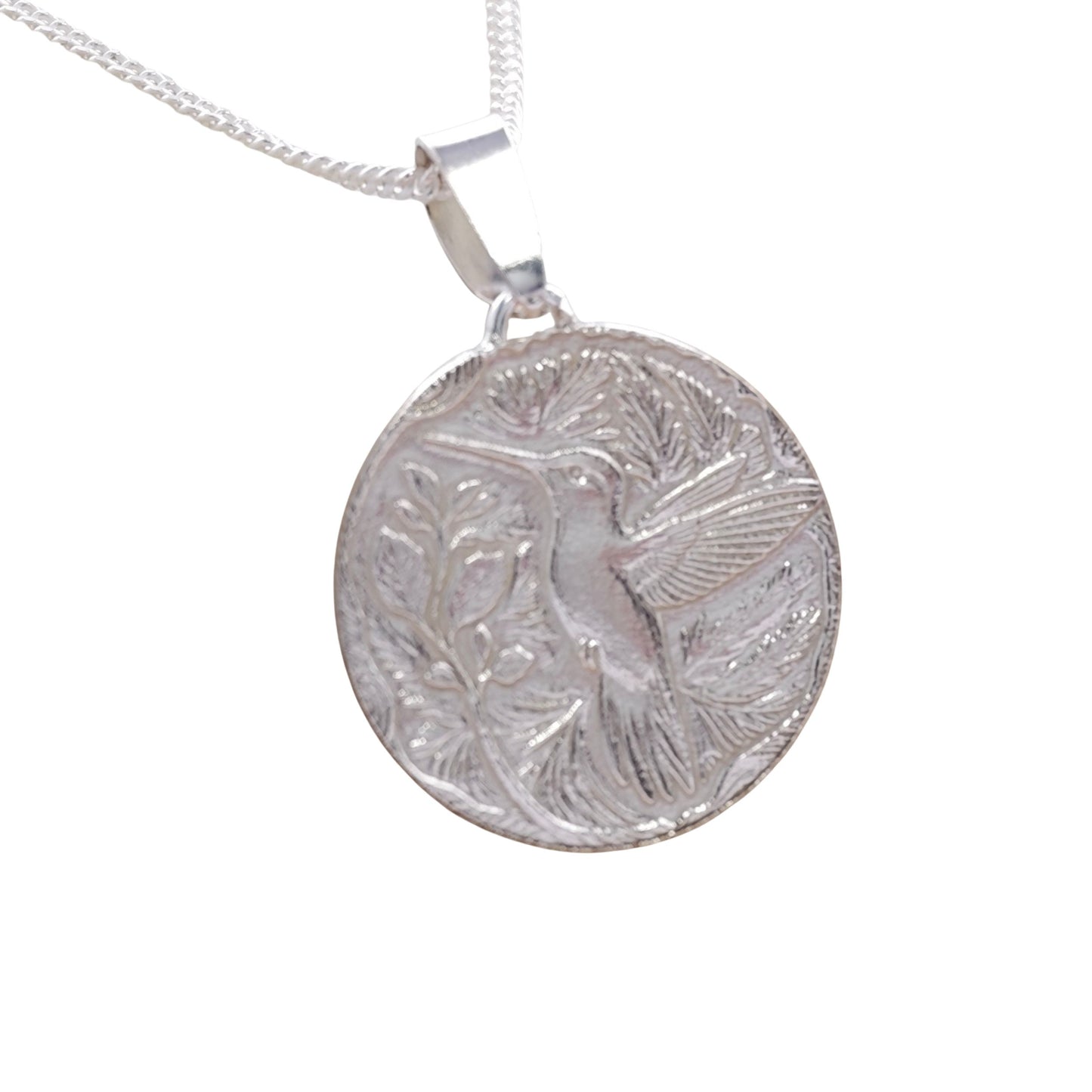 Hummingbird Engraved Sterling Silver Coin Necklace