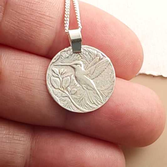 Hummingbird Engraved Sterling Silver Coin Necklace