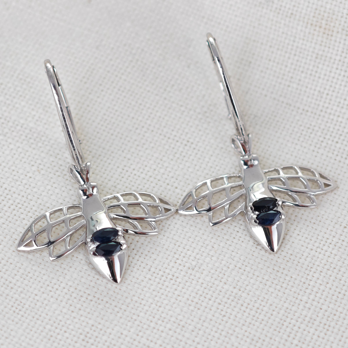 Sapphire Bee Earrings in Sterling Silver