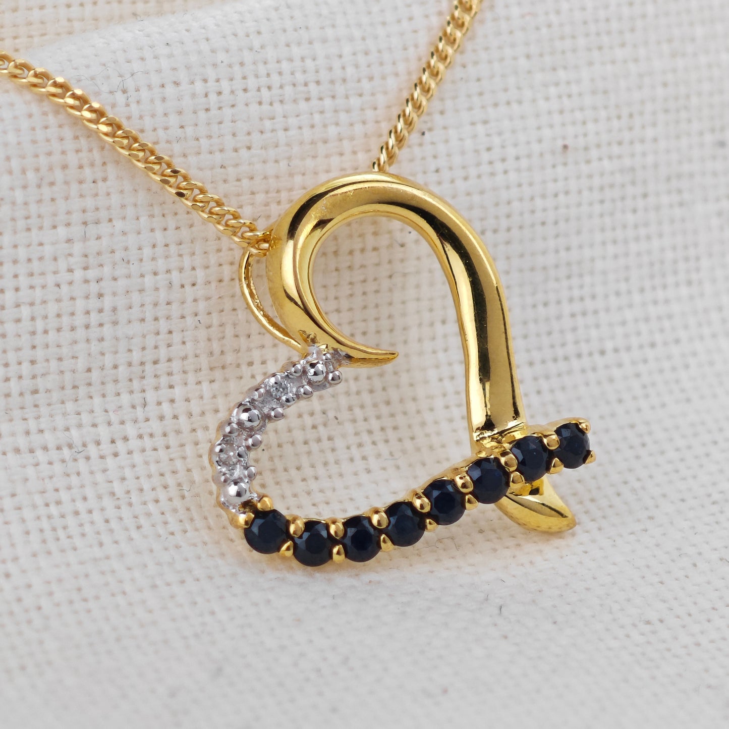 Sapphire Diamond Necklace Gold Plated Sterling Silver Inky Blue Natural Gemstone Heart