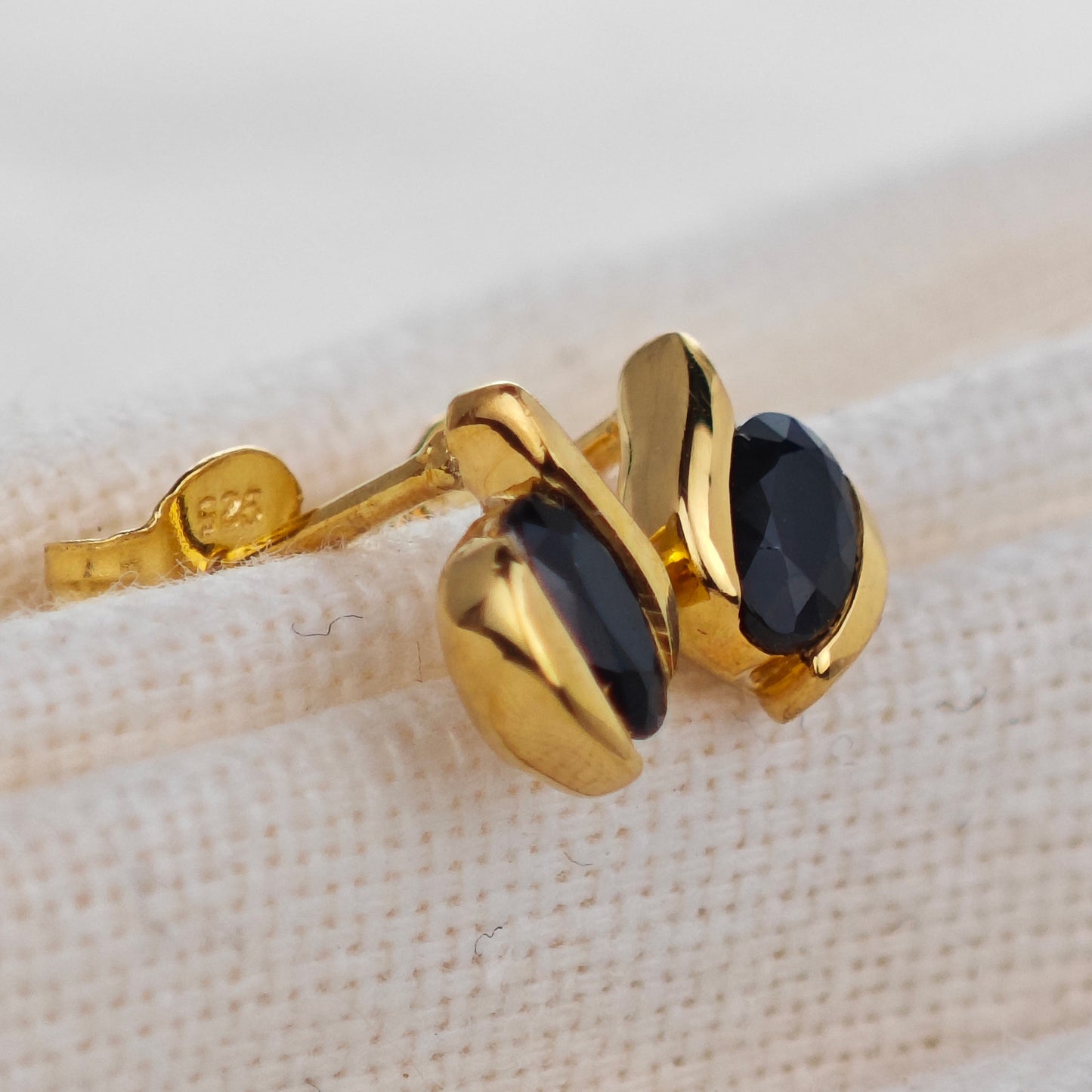 Silver Earrings Gold Plate Stud Sapphire Ink Blue Oval Contemporary Womens