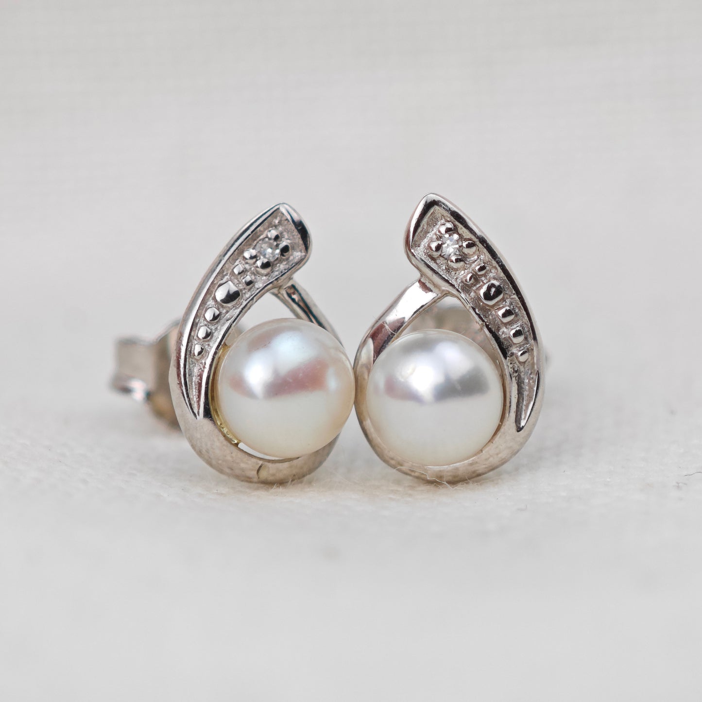 Sterling Silver Pearl Diamond Earrings Studs