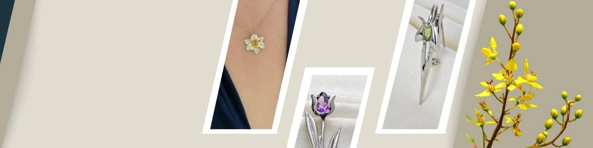 mothers day banner with daffodil necklace on neck, amethyst tulip brooch and green peridot snowdrop brooch