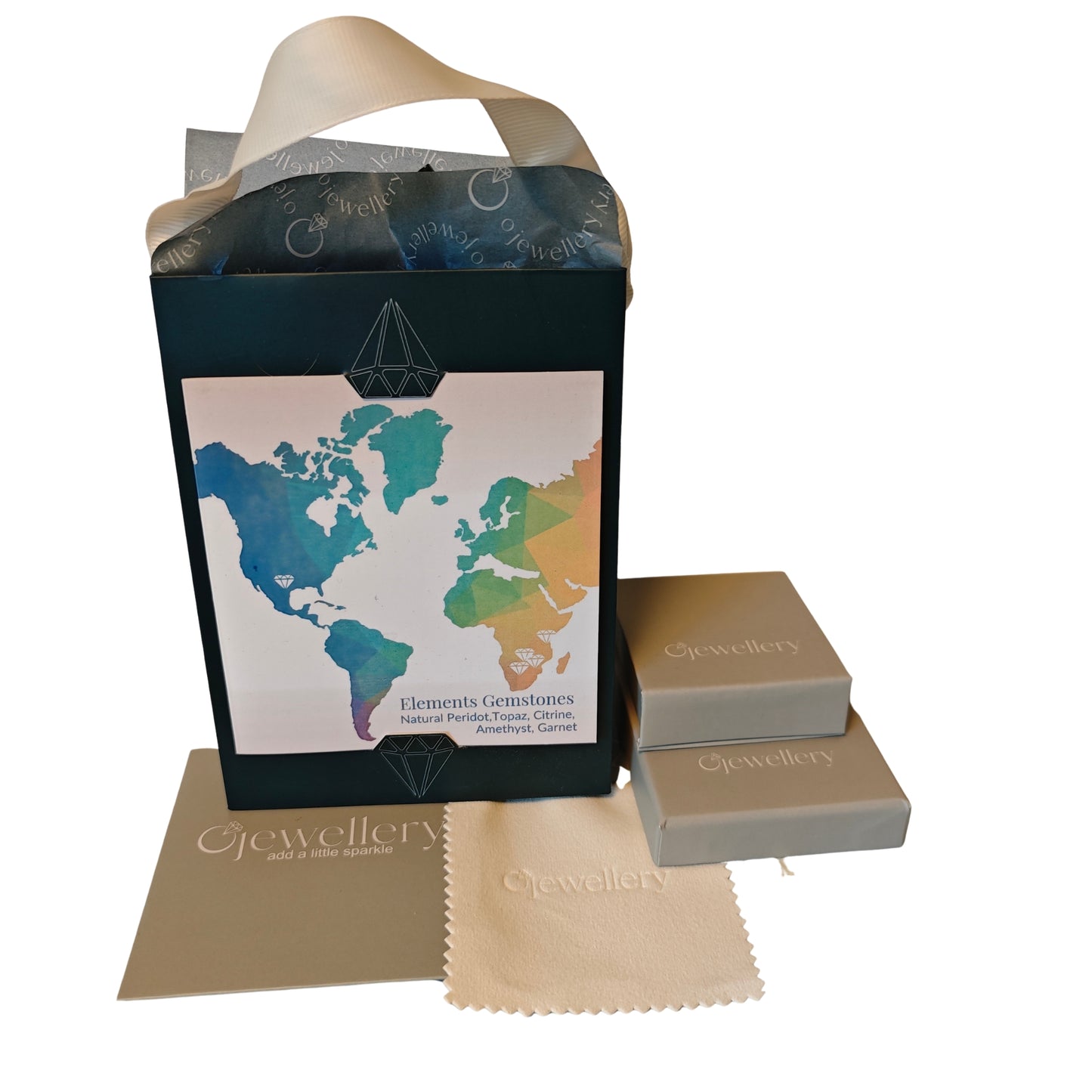 Jewelry packaging set with world map design, jewelry boxes, and cleaning cloth on a white background