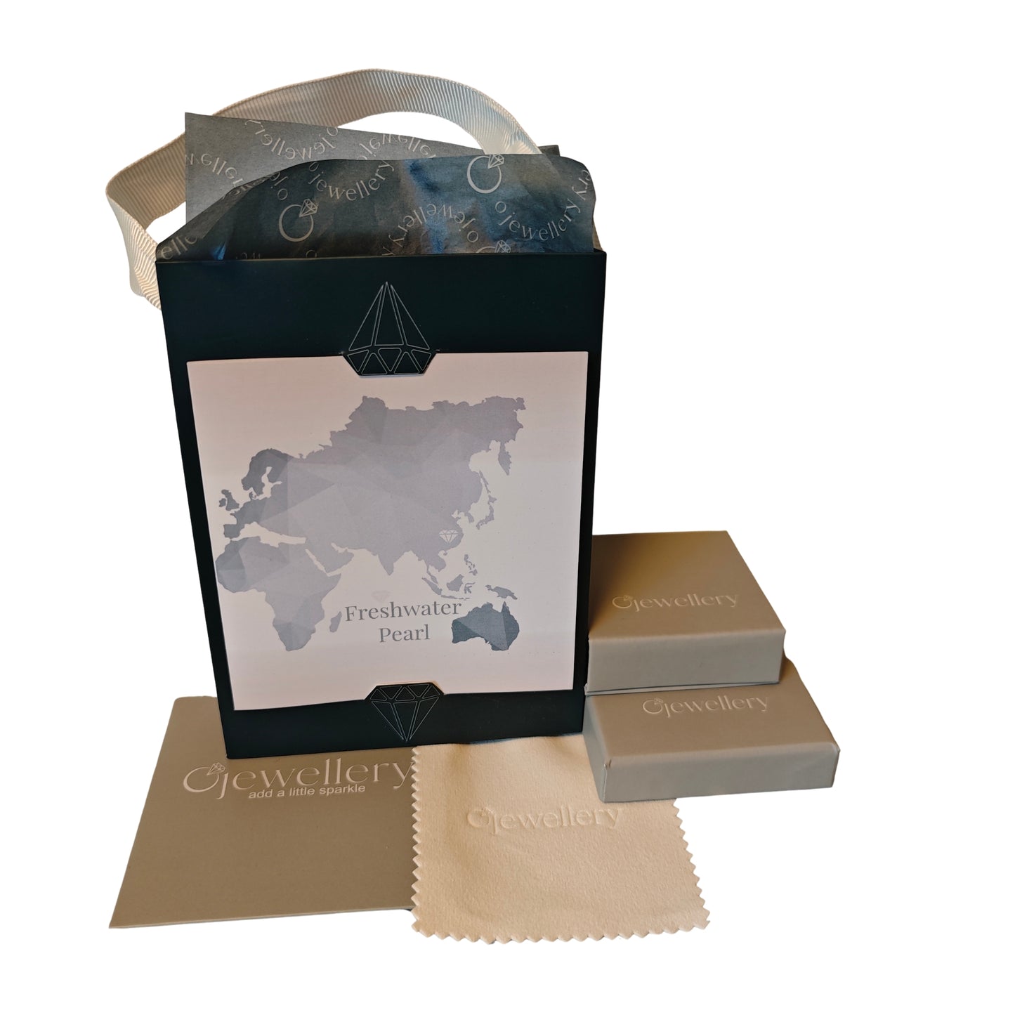 Jewelry packaging set with boxes, a gift card with a map showing the source location of the pearls used - China and the words freshwater pearl, and cleaning cloth on a white background