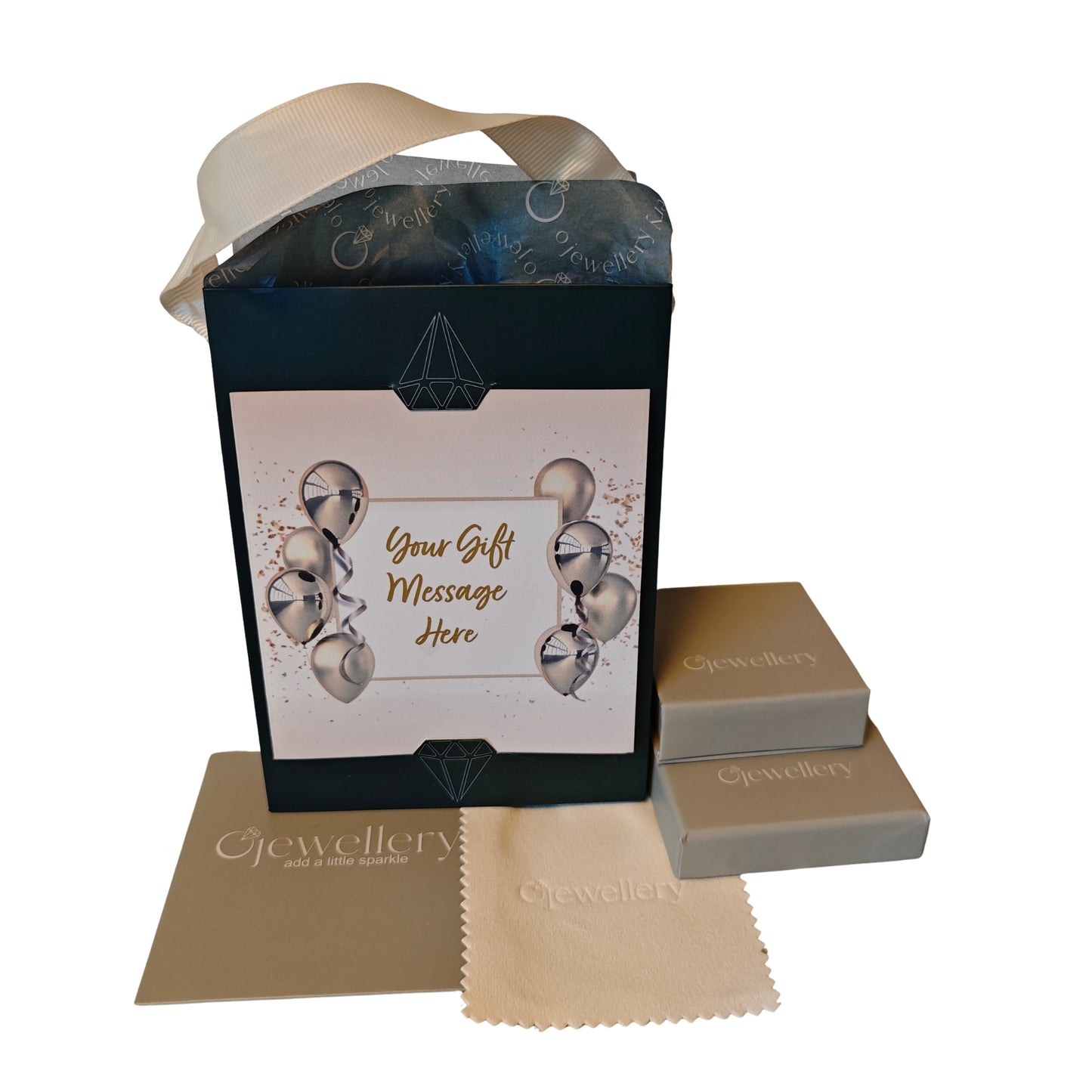 peridot Jewellery packaging set with a gift bag, boxes, and a cloth on a white background. Gift card with message on front your gift message here