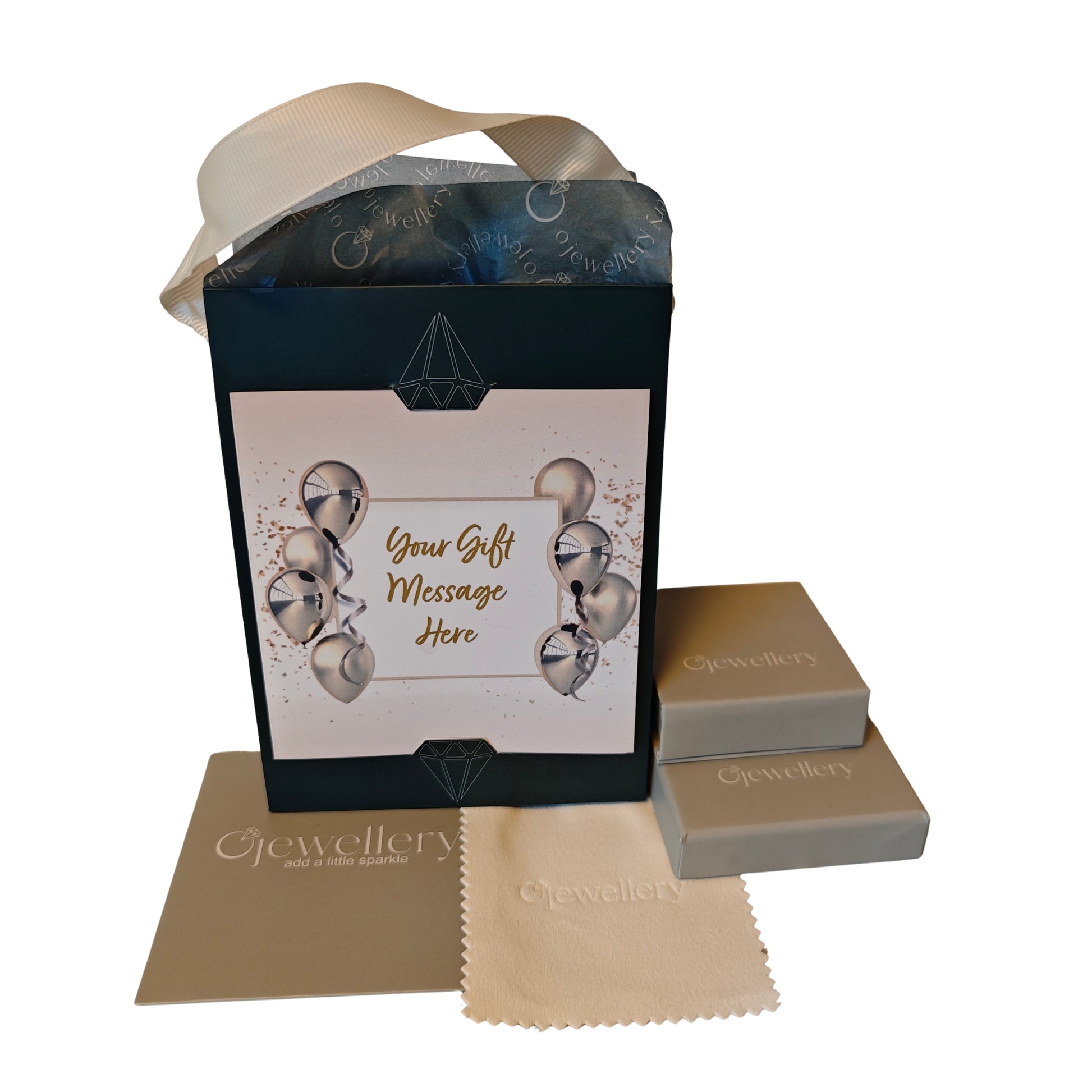 peridot Jewellery packaging set with a gift bag, boxes, and a cloth on a white background.  Gift card with message on front your gift message here