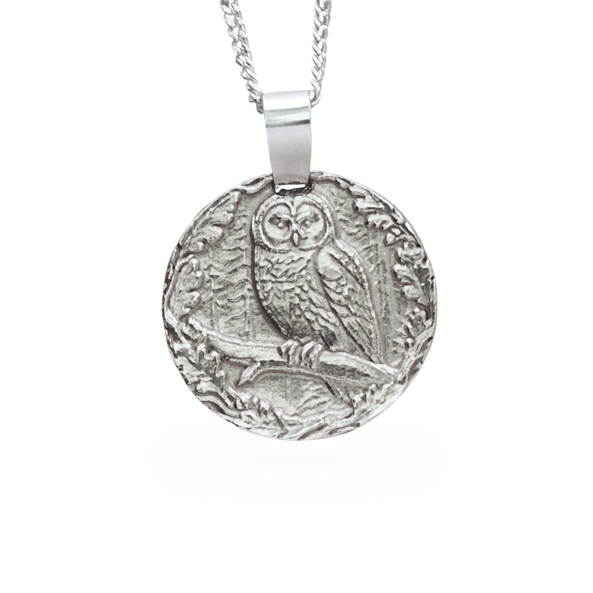 Sterling silver engraved owl coin pendant necklace, handcrafted in the UK from recycled sterling silver