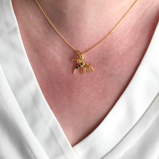 Sapphire Dragonfly Necklace Gold Plated Sterling Silver Ink Blue 0.3ct Natural Gemstones