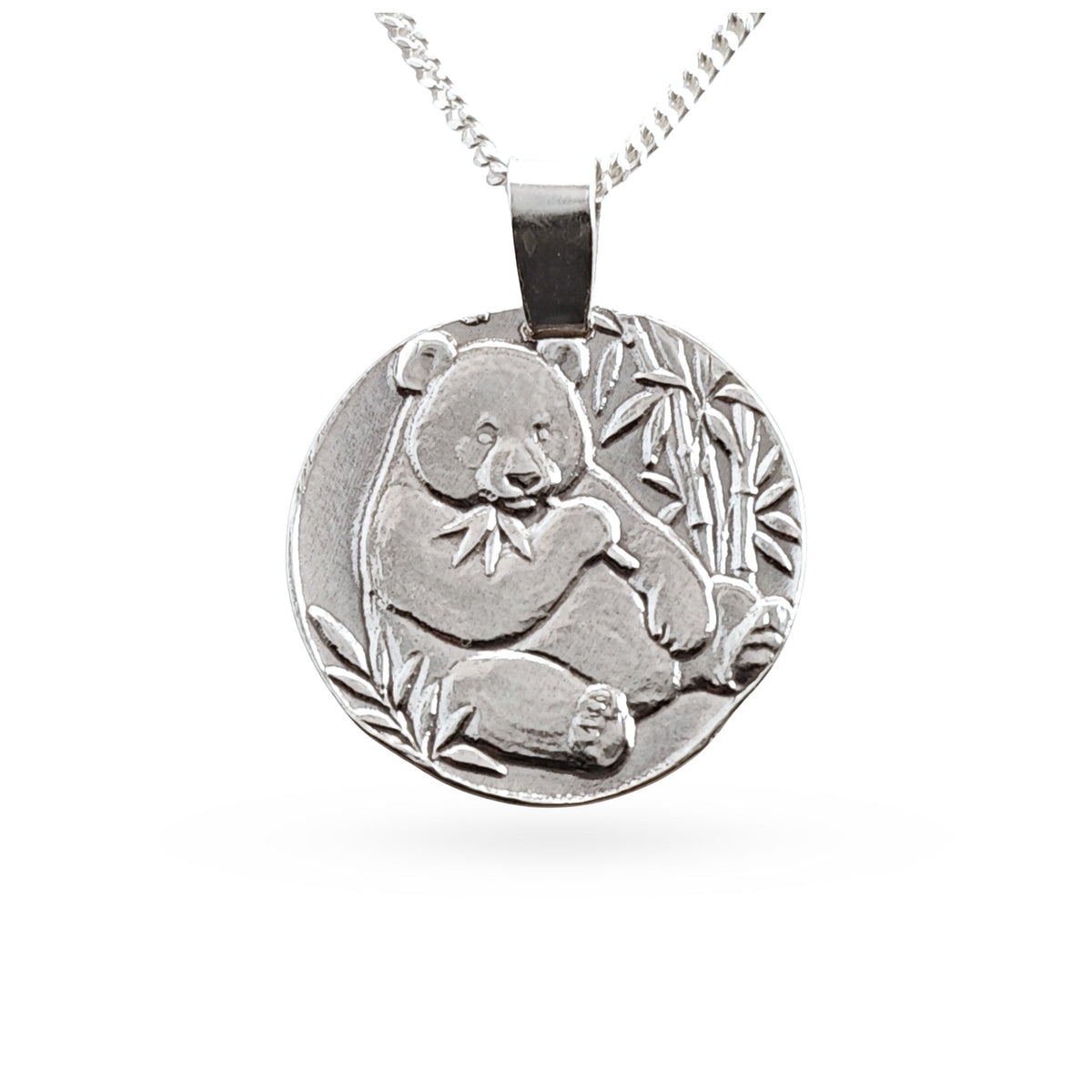 Sterling silver engraved panda coin pendant necklace, handcrafted in the UK from recycled sterling silver