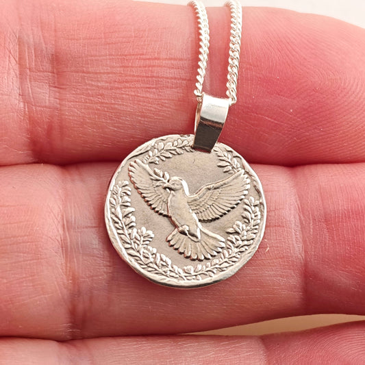 Dove Engraved Sterling Silver Coin Necklace