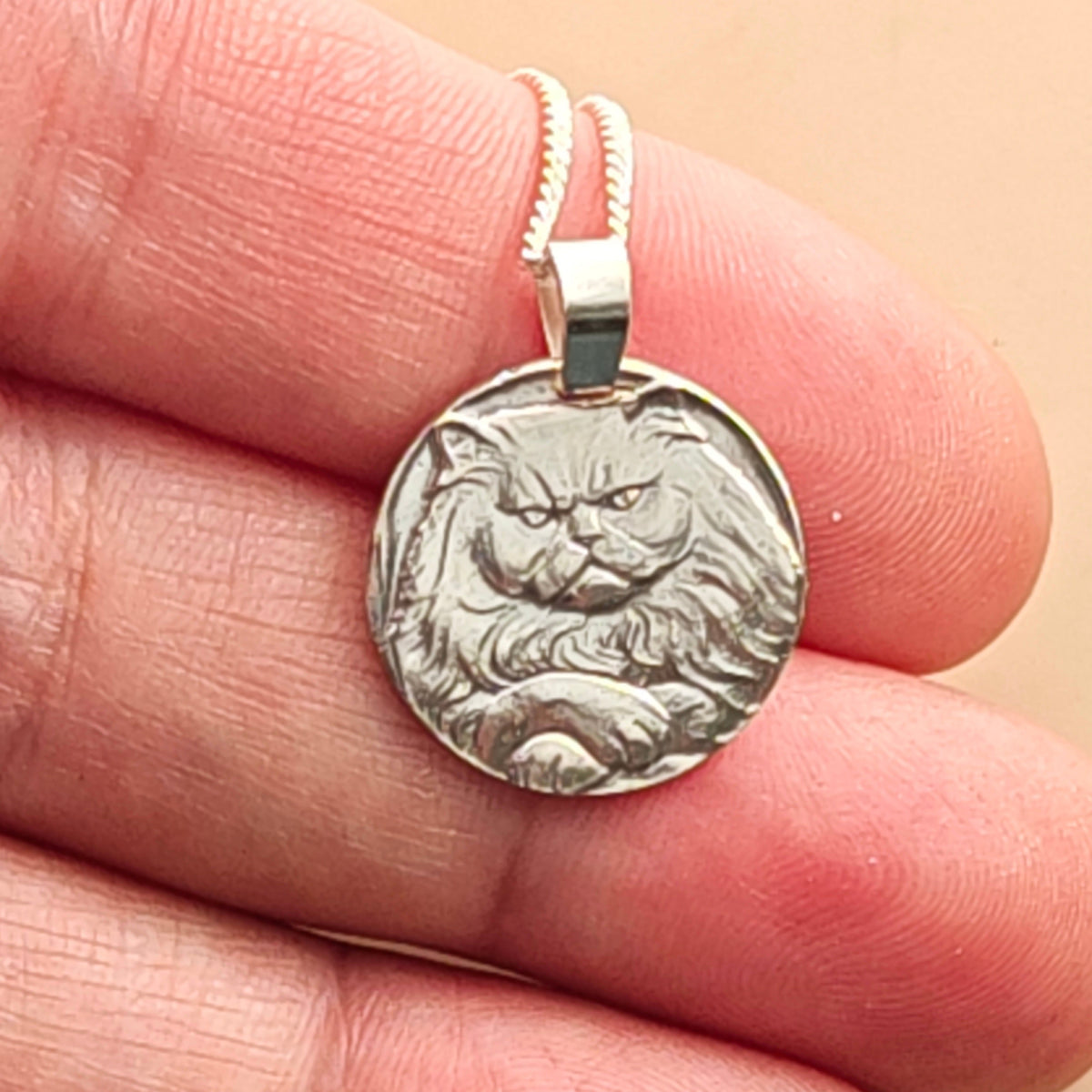 Persian Cat Coin Necklace – Deep Engraved Recycled Sterling Silver
