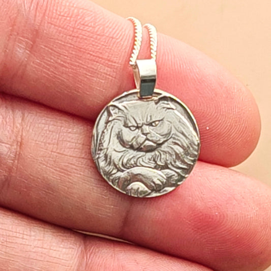 Persian Cat Engraved Sterling Silver Coin Necklace