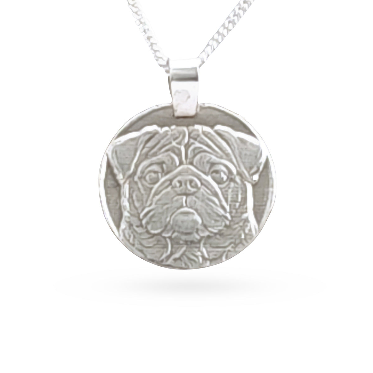 Sterling silver engraved pug coin pendant necklace, handcrafted in the UK from recycled sterling silver