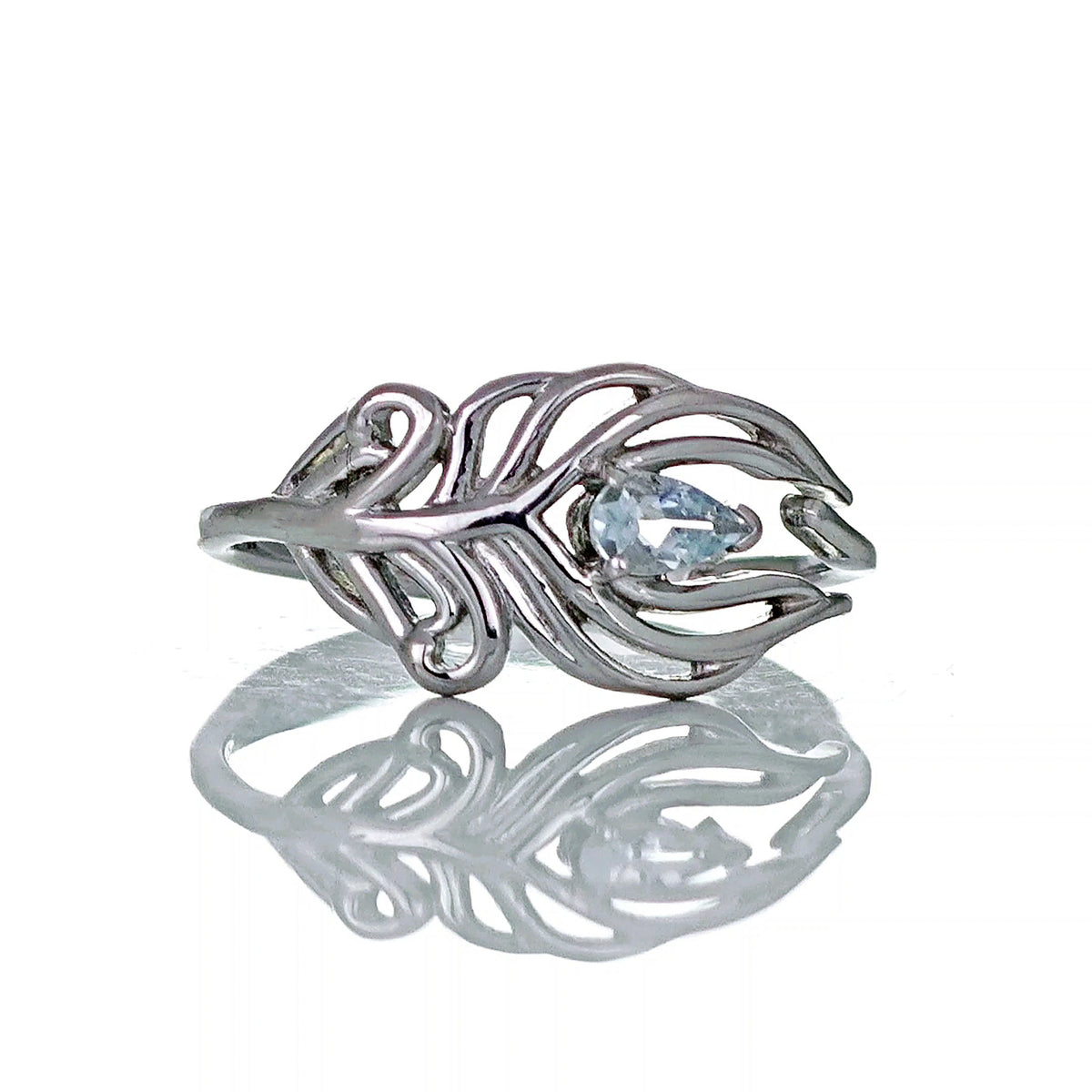 sterling silver aquamarine ring peacock feather designed in the UK