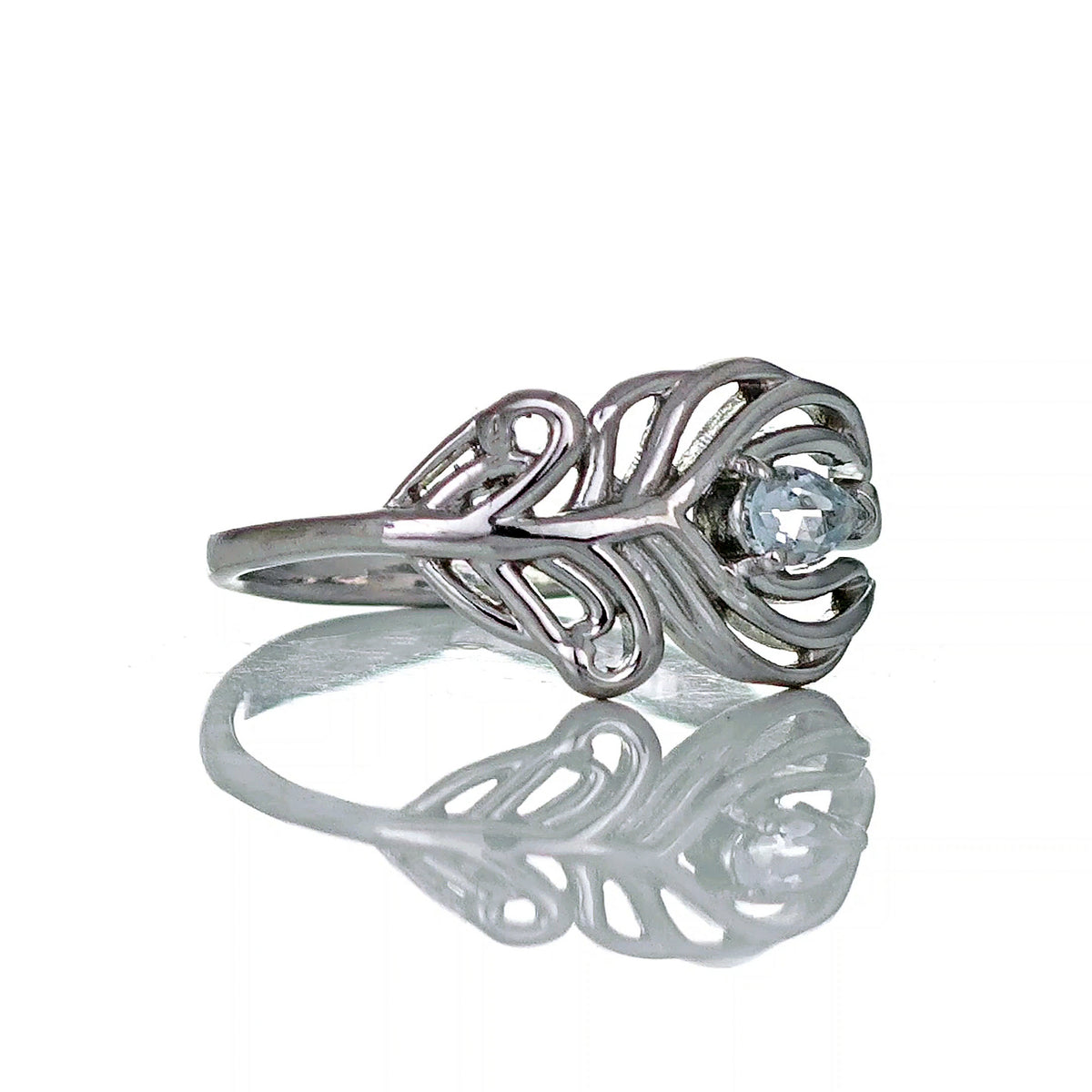 Aquamarine Peacock Feather Ring in Sterling Silver