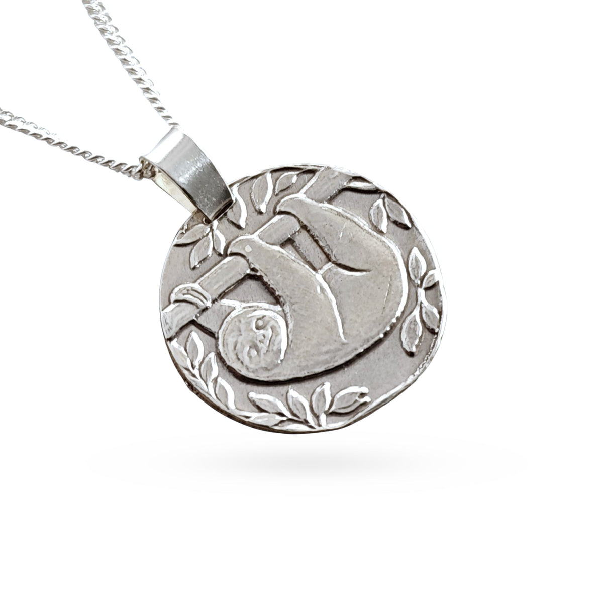 Sloth Coin Necklace – Deep Engraved Recycled Sterling Silver