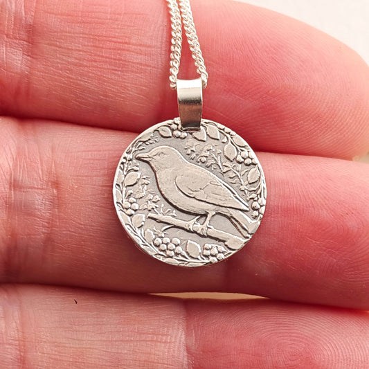 Songbird Engraved Sterling Silver Coin Necklace