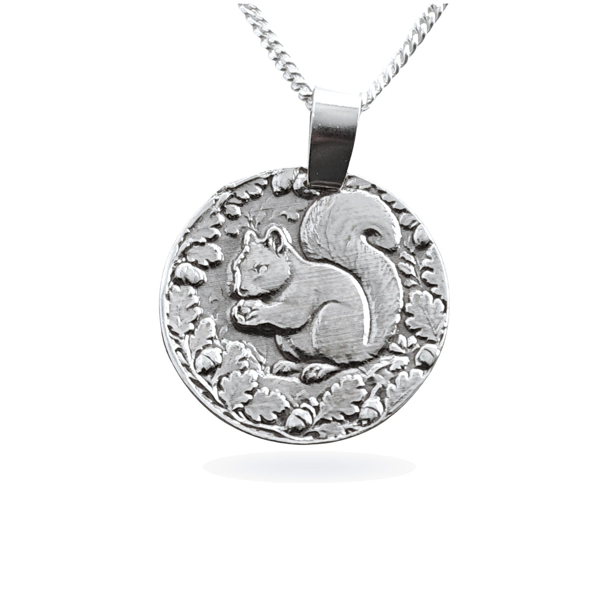 Sterling silver engraved squirrel coin pendant necklace, handcrafted in the UK from recycled sterling silver