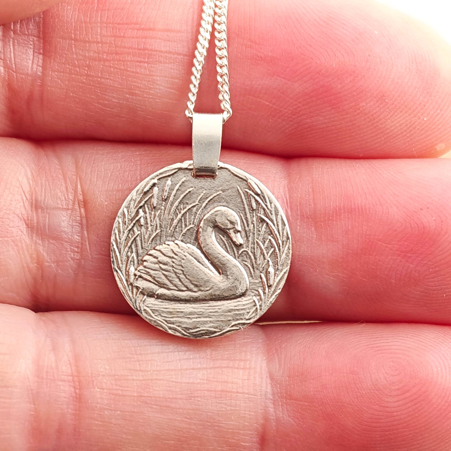 Swan Coin Necklace – Deep Engraved Recycled Sterling Silver