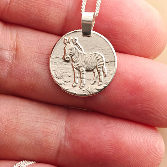 Zebra Engraved Sterling Silver Coin Necklace