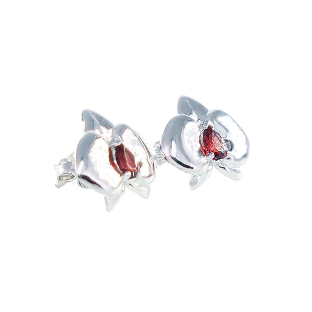Garnet Aphrodite Orchid Stud Earrings Sterling Silver