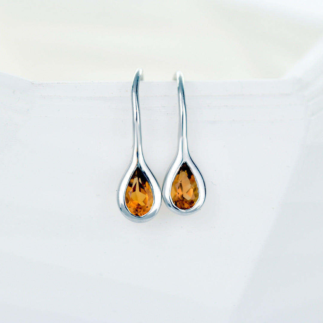 Silver Citrine Earrings 0.4ct Dangle Pear November Birthstone