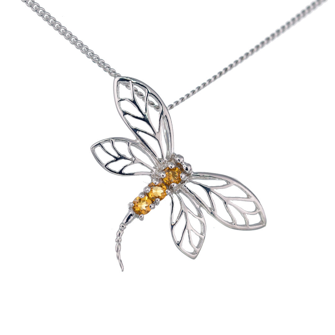 citrine necklace dragonfly pendant sterling silver 925 november birthstone designed in the UK