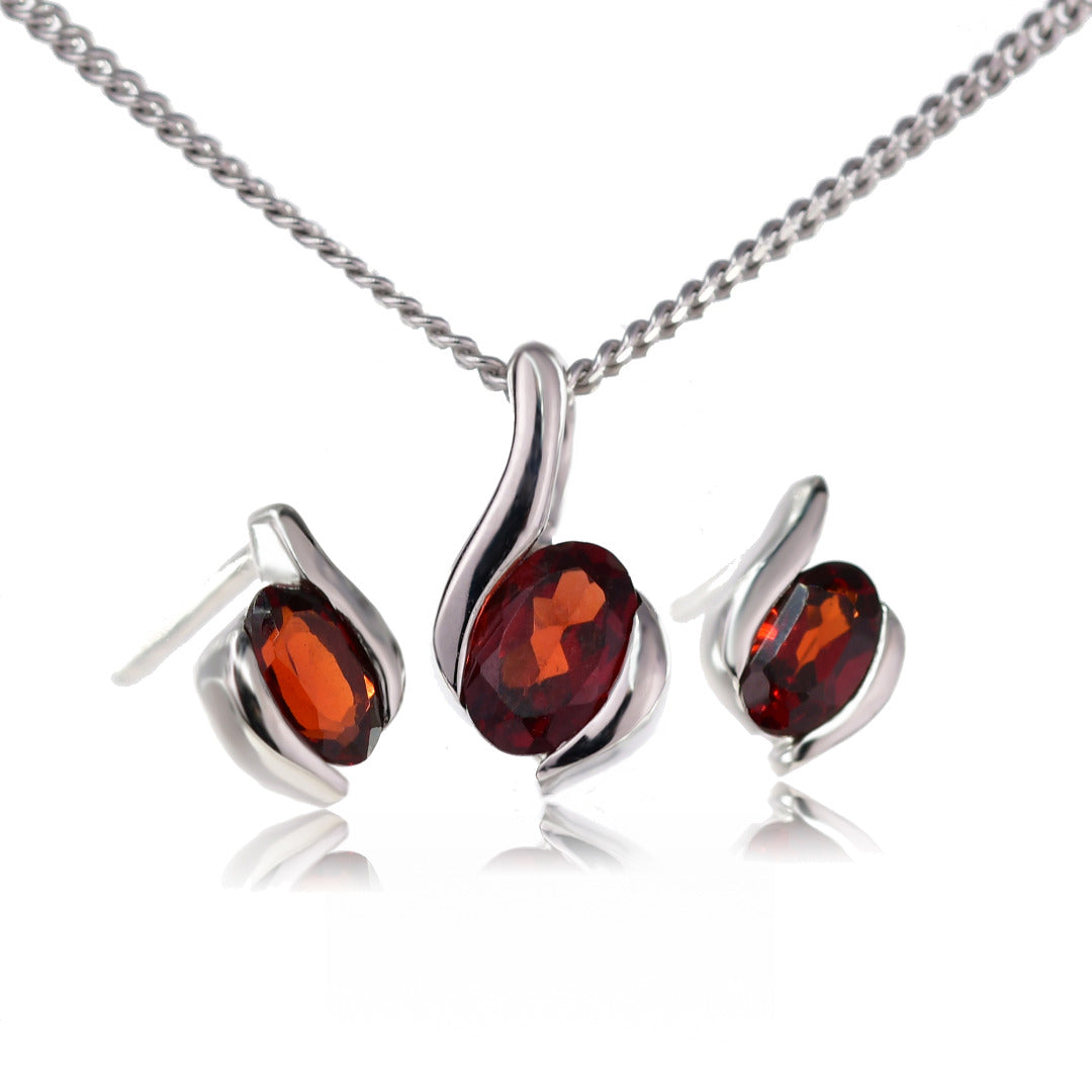 garnet necklace earring stud set 1ct sterling silver red 18'' january birthstone designed in the UK