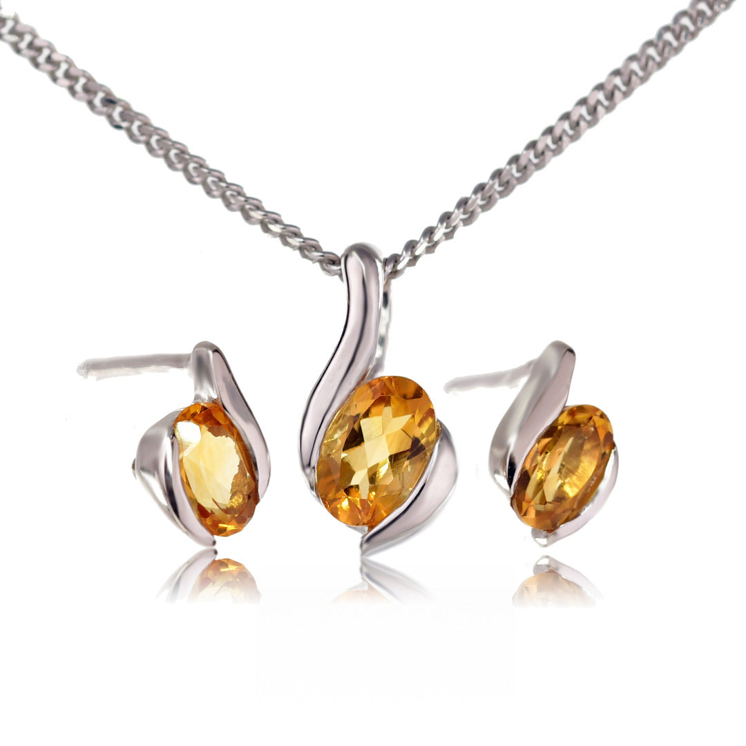 citrine necklace earring set 0.91ct silver stud yellow pendant 18'' november birthstone designed in the UK