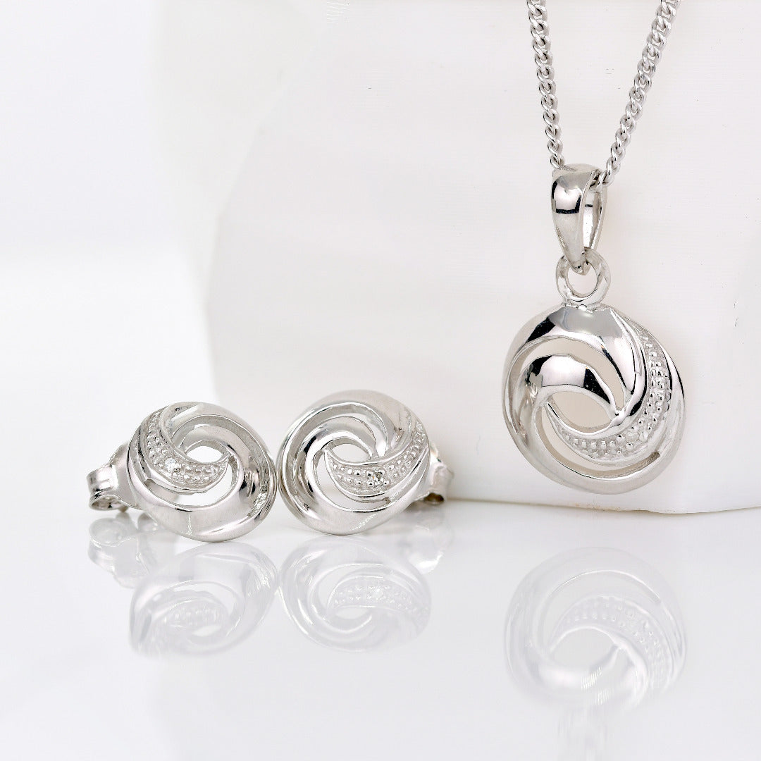 Diamond Necklace Earring Set Swirl Silver 18'' Chain April Birthstone