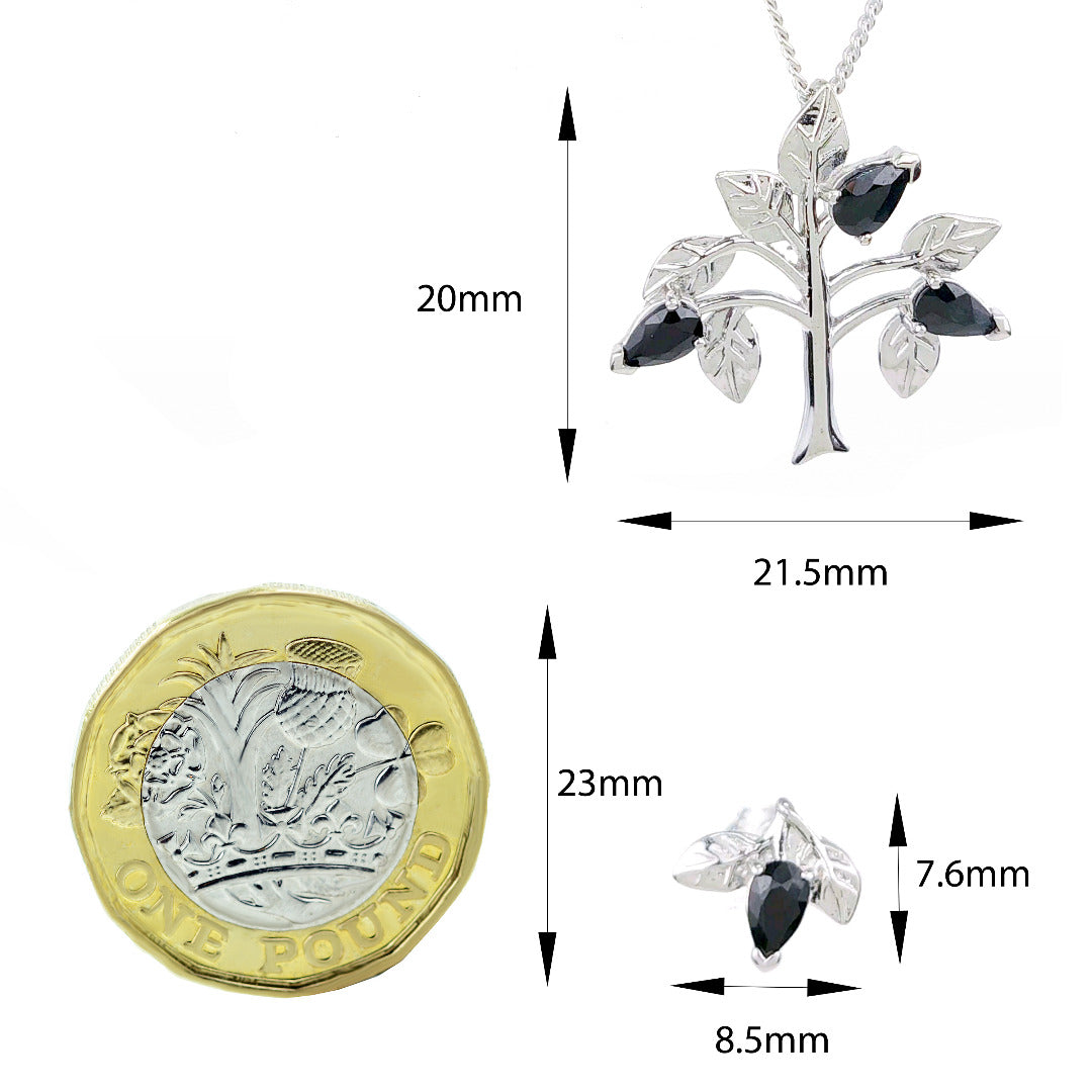 Sapphire Necklace Earring Set 1.75ct Blue Tree of Life Leaves Silver December Birthstone