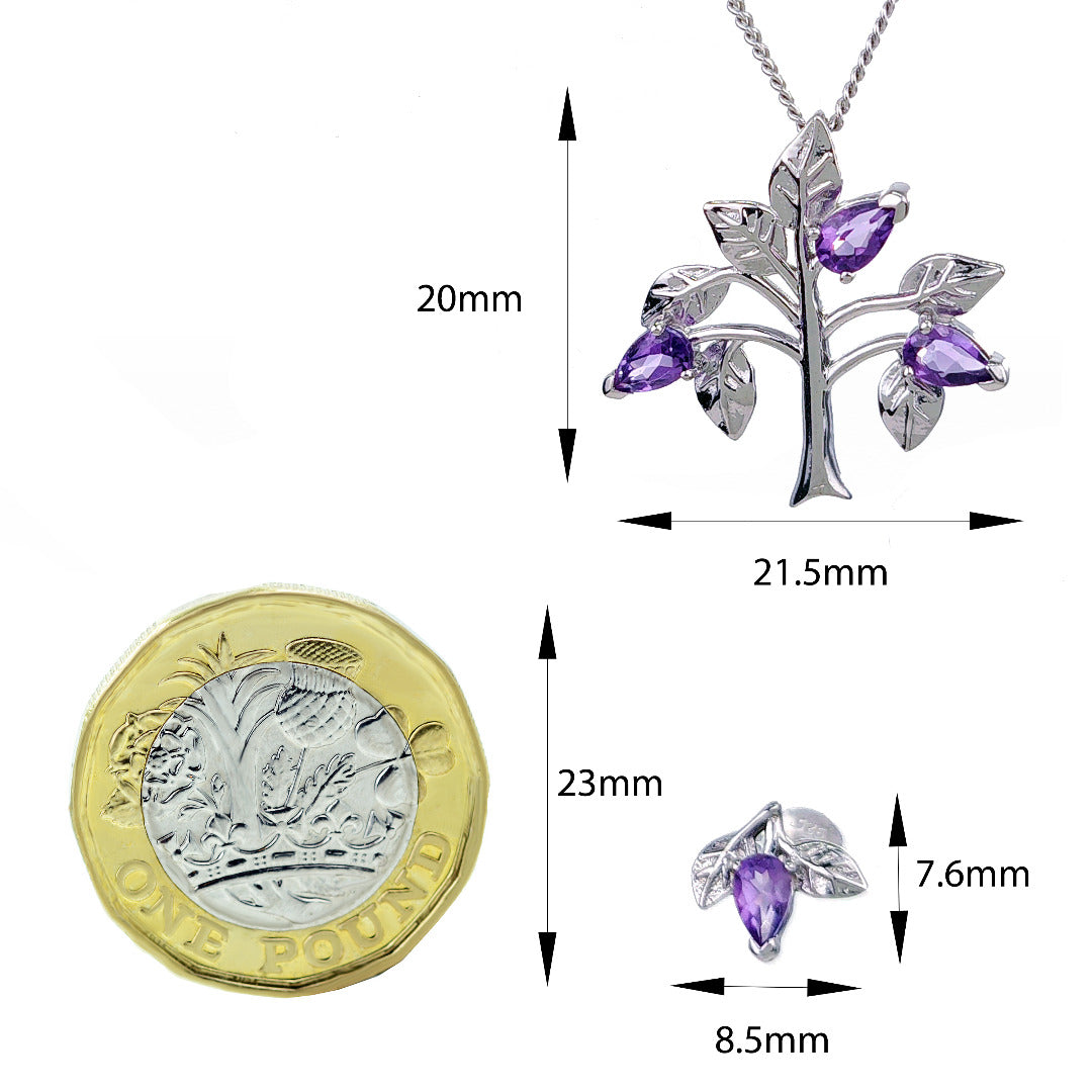Amethyst Purple Tree of Life Leaves Necklace Earring Set