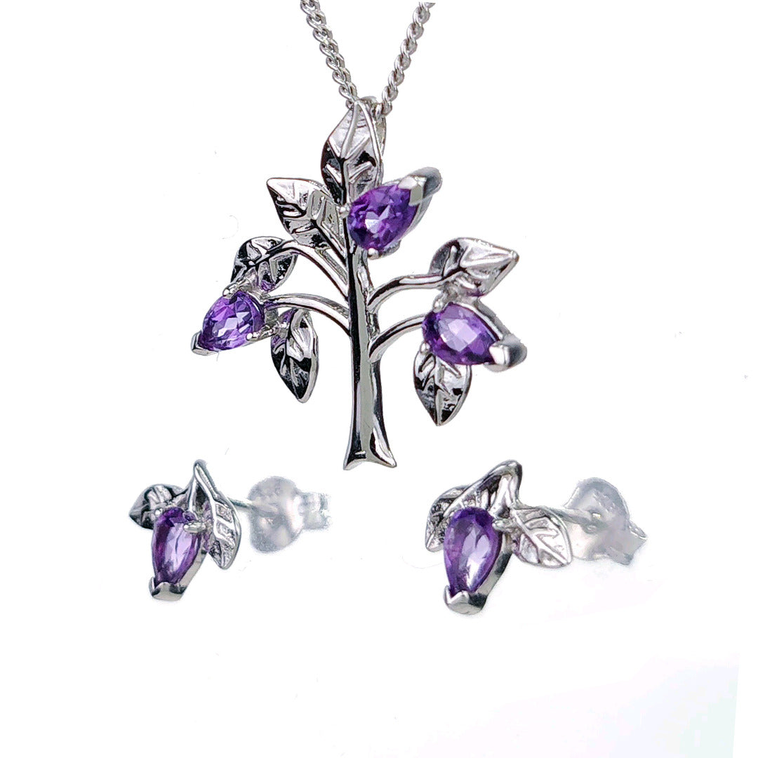 Amethyst Purple Tree of Life Leaves Necklace Earring Set