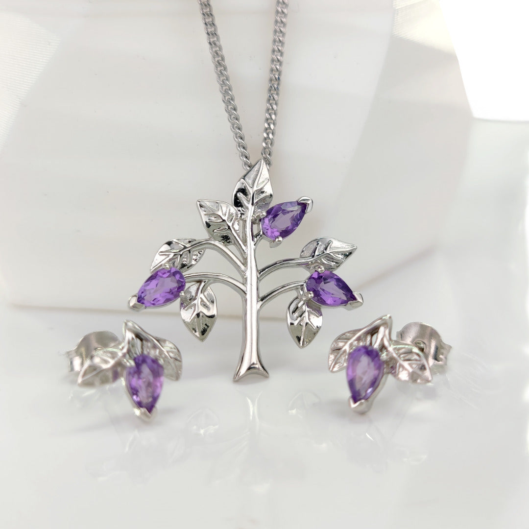 Amethyst Purple Tree of Life Leaves Necklace Earring Set