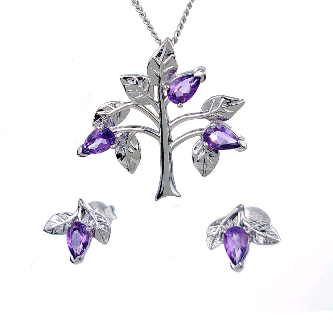 Amethyst Purple Tree of Life Leaves Necklace Earring Set