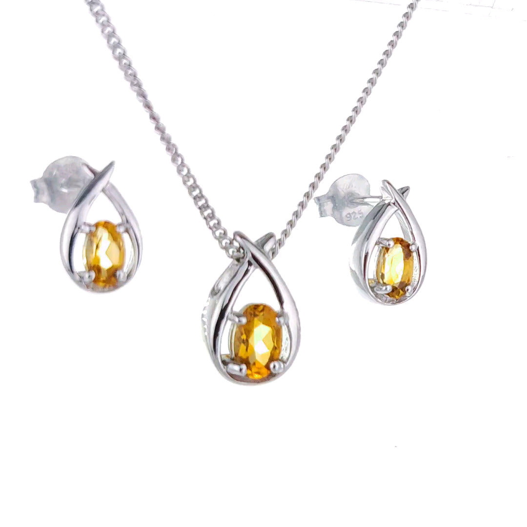 Citrine Necklace Earring Set 0.91ct Pear Yellow Twist Silver November Birthstone