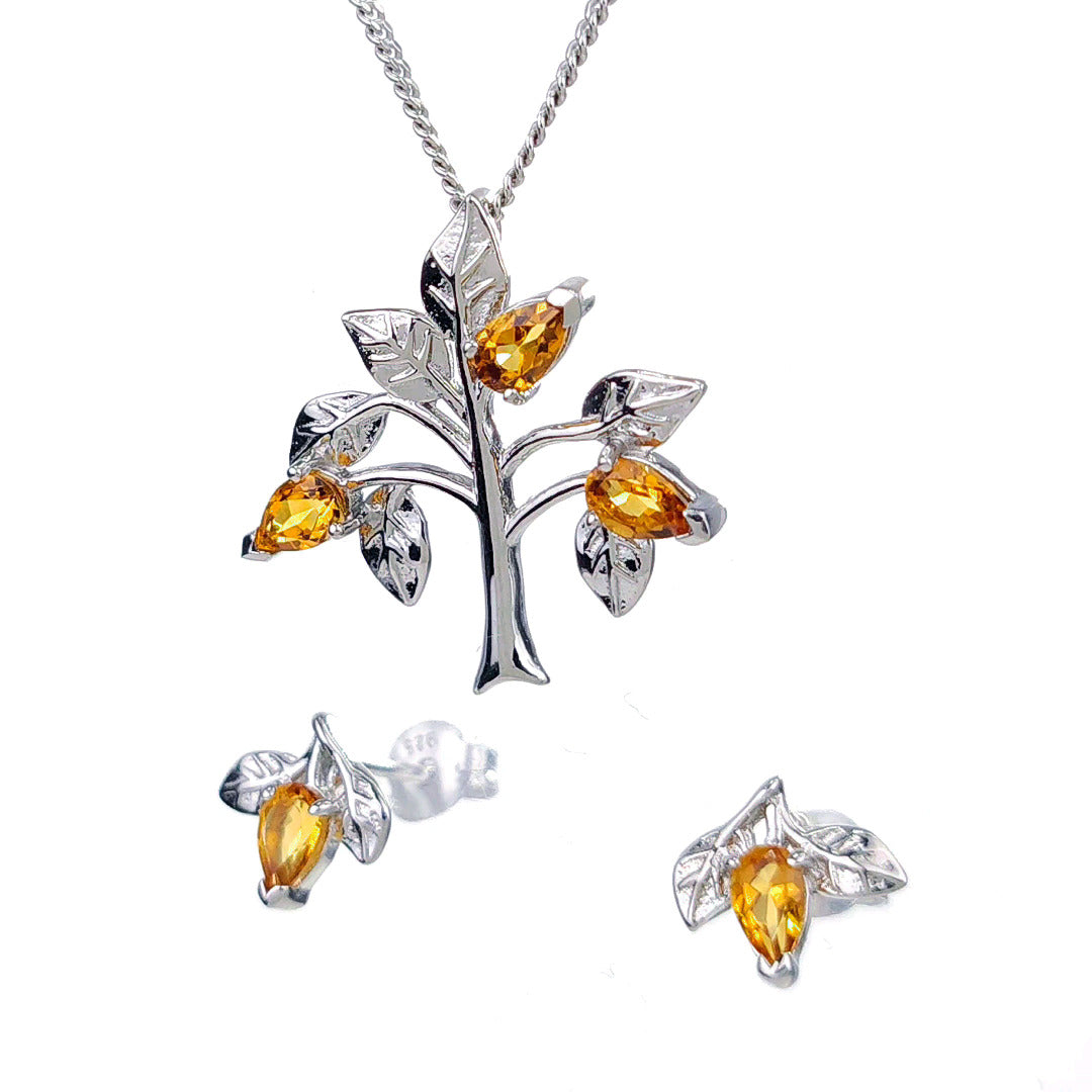 Citrine Necklace Earring Set 1ct Yellow Tree of Life Leaves Silver November Birthstone