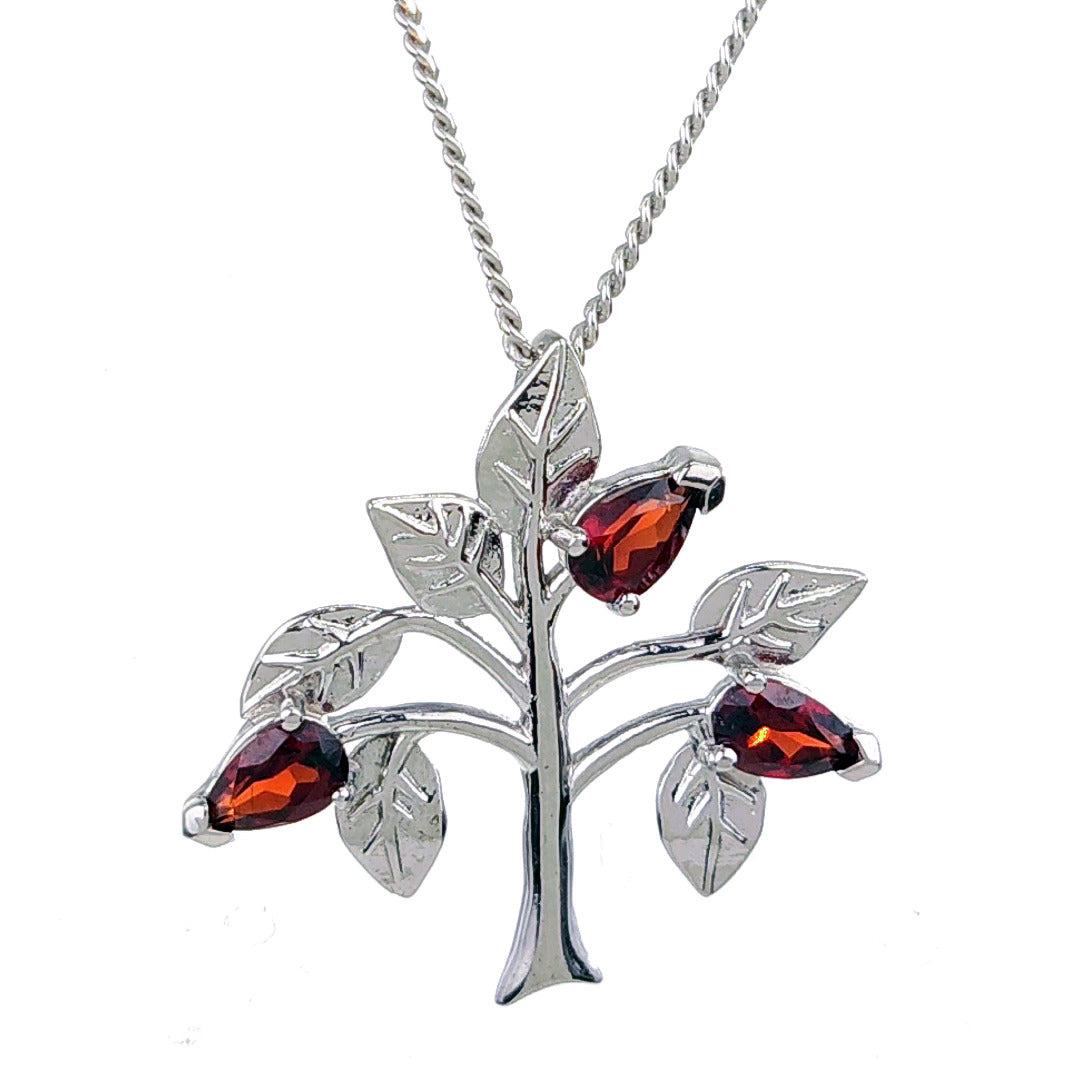 Garnet Necklace 0.75ct Pear Red Tree of Life Pendant Sterling Silver