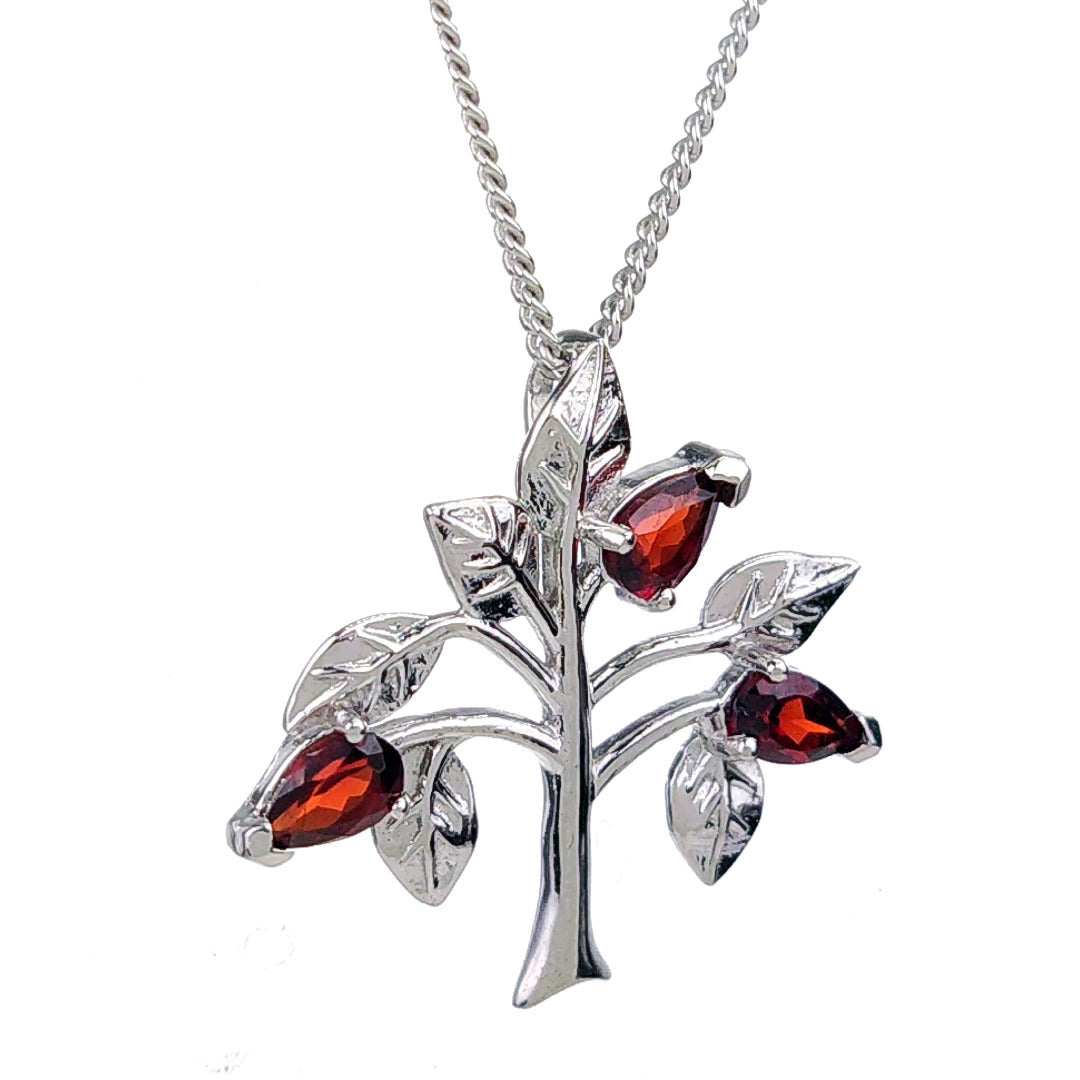 Garnet Necklace 0.75ct Pear Red Tree of Life Pendant Sterling Silver