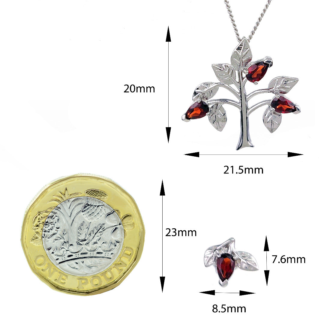 Garnet Necklace Earring Set 1.25ct Pear Red Tree of Life Leaves Sterling Silver