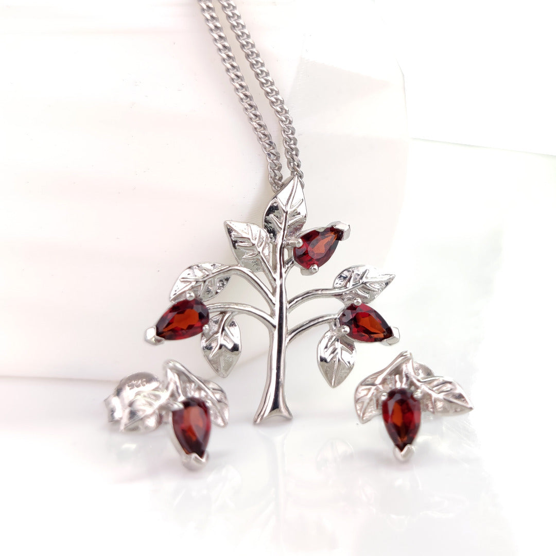Garnet Necklace Earring Set 1.25ct Pear Red Tree of Life Leaves Sterling Silver