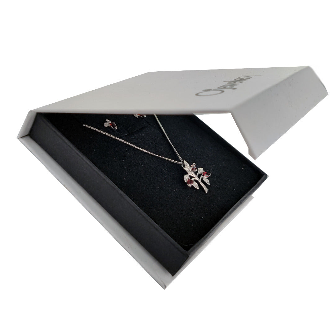 Garnet Necklace Earring Set 1.25ct Pear Red Tree of Life Leaves Sterling Silver