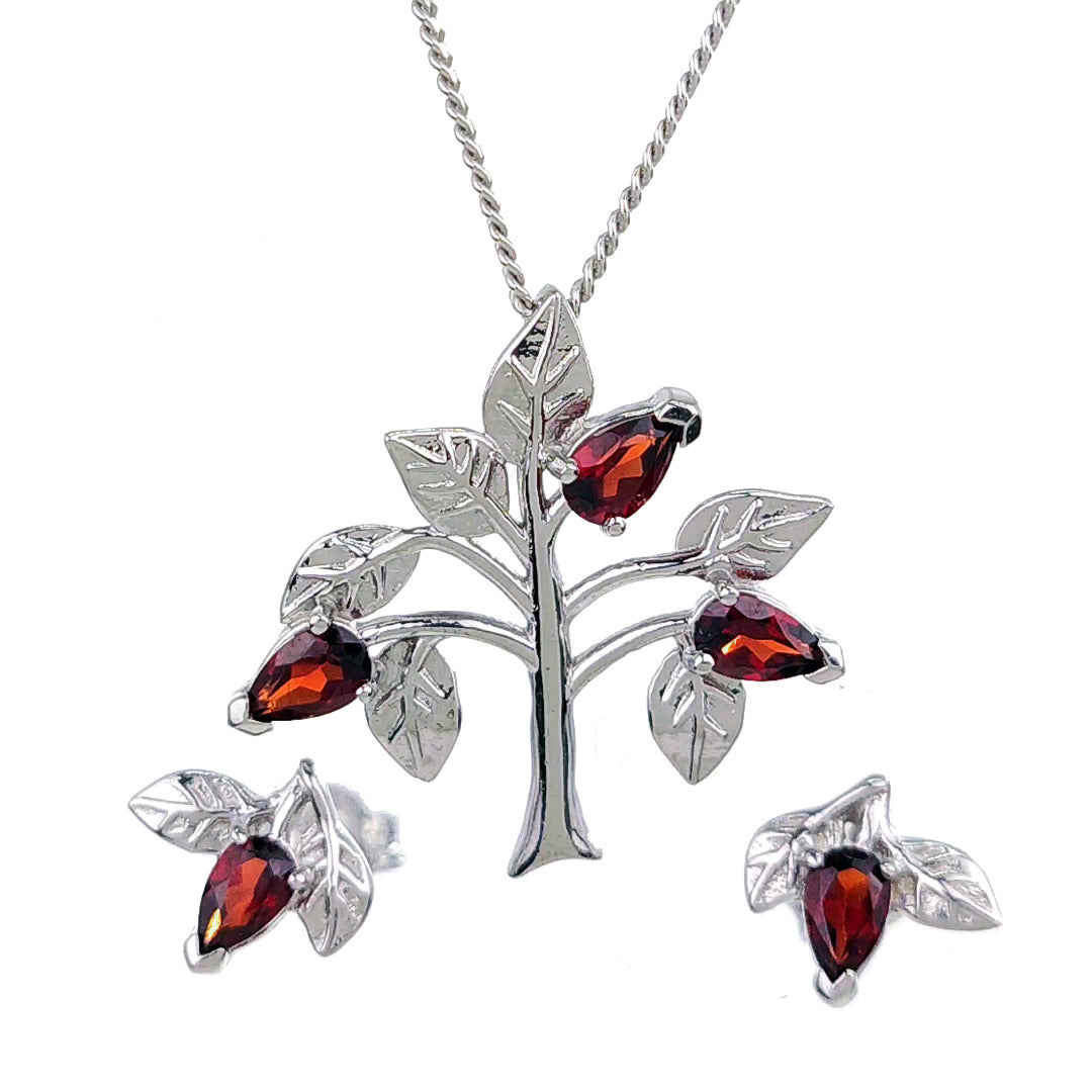 Garnet Necklace Earring Set 1.25ct Pear Red Tree of Life Leaves Sterling Silver