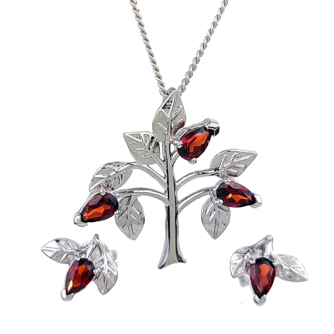 Garnet Necklace Earring Set 1.25ct Pear Red Tree of Life Leaves Sterling Silver